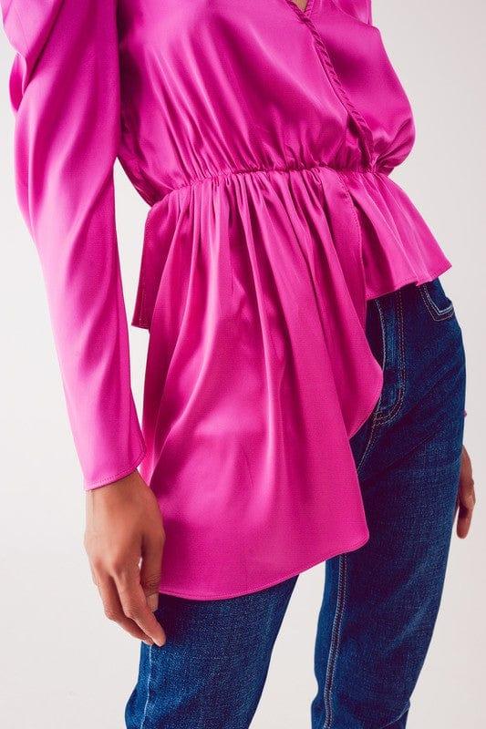 Q2 Asymmetric puff sleeve blouse in fuchsia