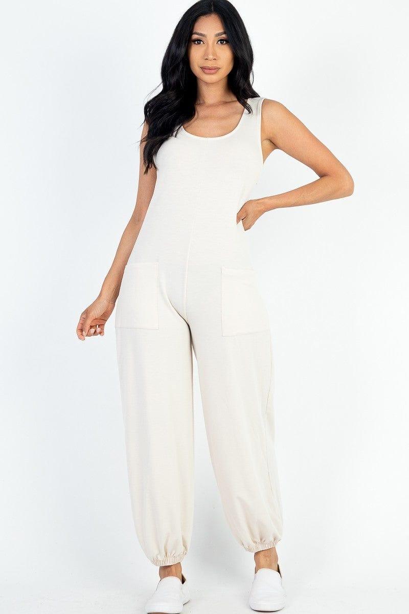 SAVLUXE Default S Beige Casual Solid French Terry  Front Pocket Jumpsuit