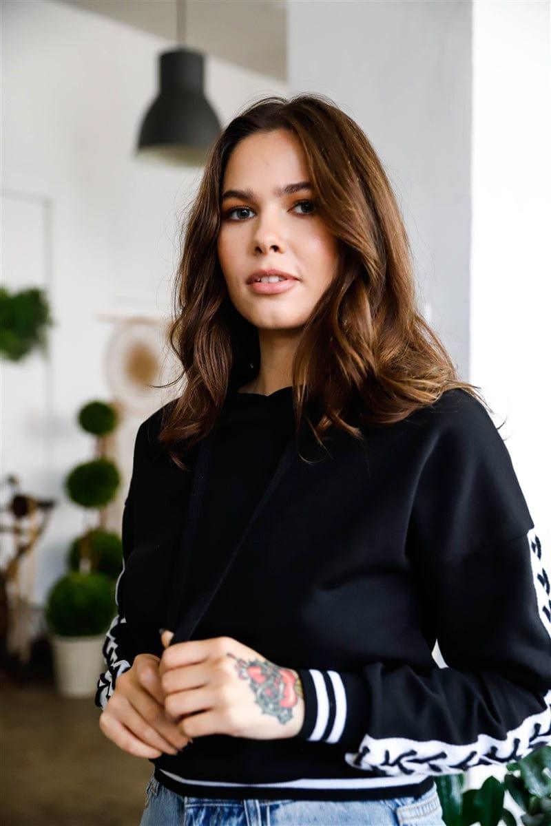 SAVLUXE Default S Black Contrast Lace Up Sleeve Detail Striped Cuff & Hem Hooded Sweatshirt