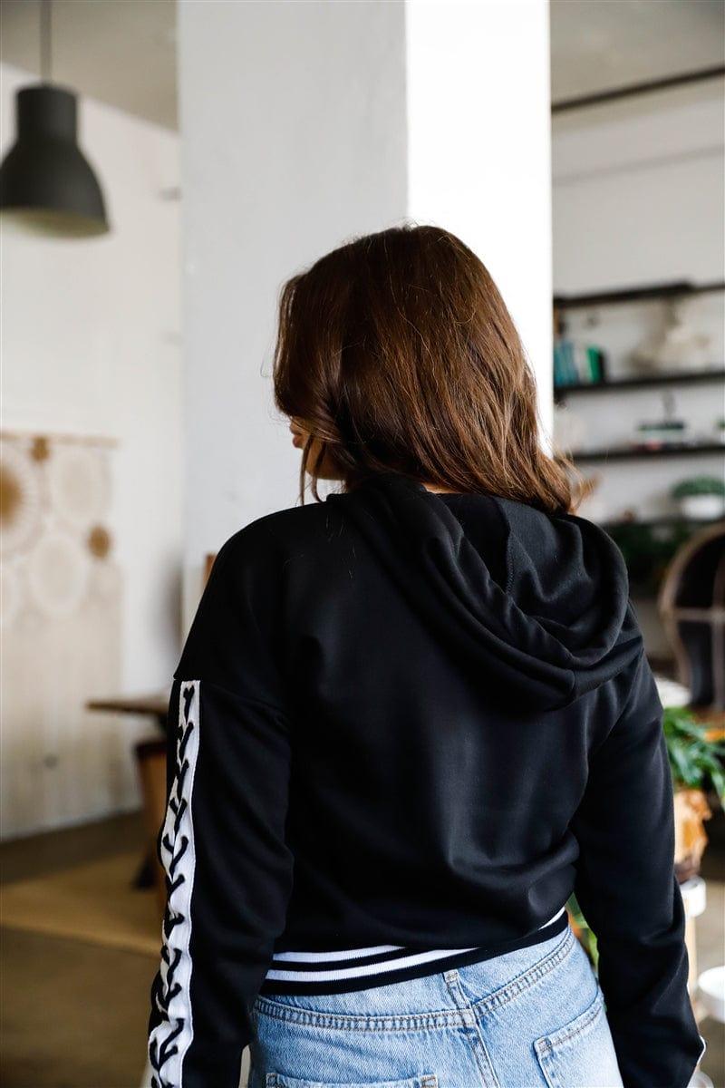 SAVLUXE Default Black Contrast Lace Up Sleeve Detail Striped Cuff & Hem Hooded Sweatshirt