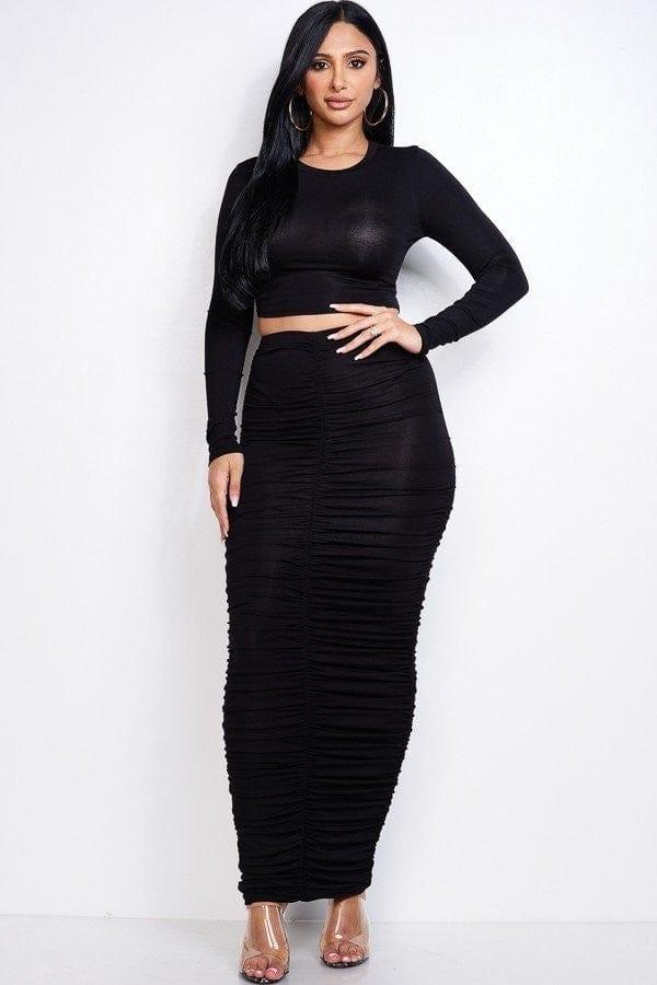 SAVLUXE Default S Black Heavy Rayon Spandex Long Sleeve Cropped Top And Ruched Maxi Skirt Two Piece Set