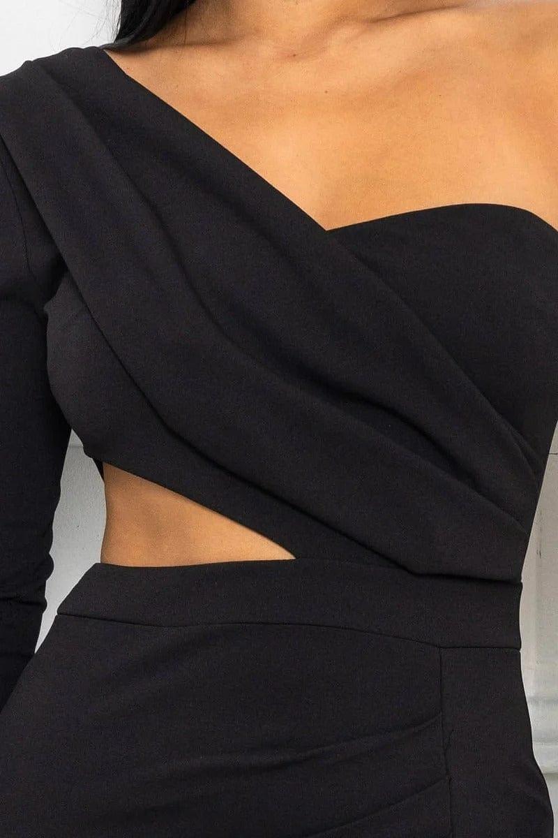 SAVLUXE Default Black One Shoulder Draped Detail Maxi Dress