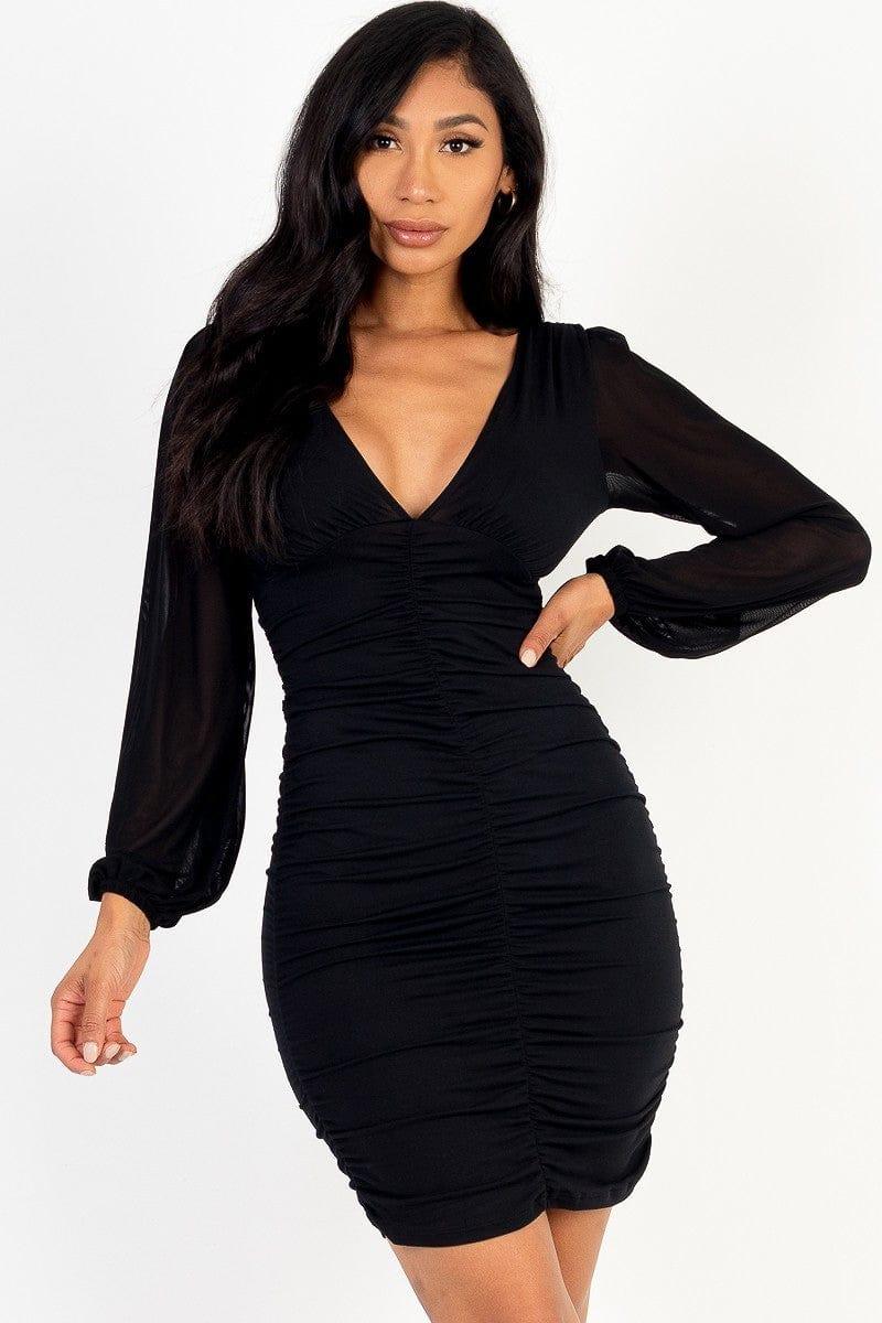 SAVLUXE DRESSES S Black Ruched mesh v-neck mini dress