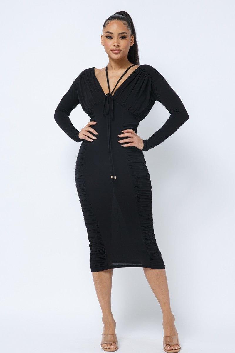 SAVLUXE Dresses L Black Ruching Long sleeve Fashion Midi Dress