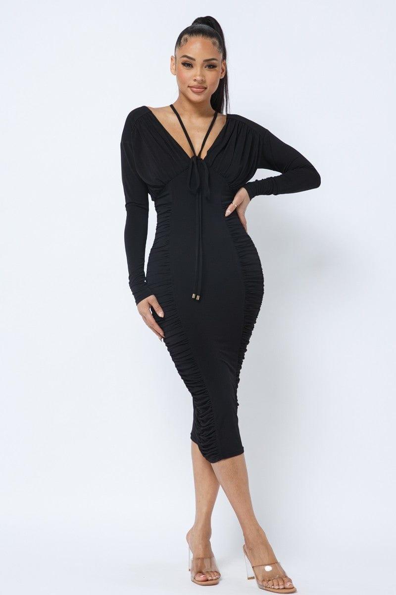 SAVLUXE Dresses Black Ruching Long sleeve Fashion Midi Dress