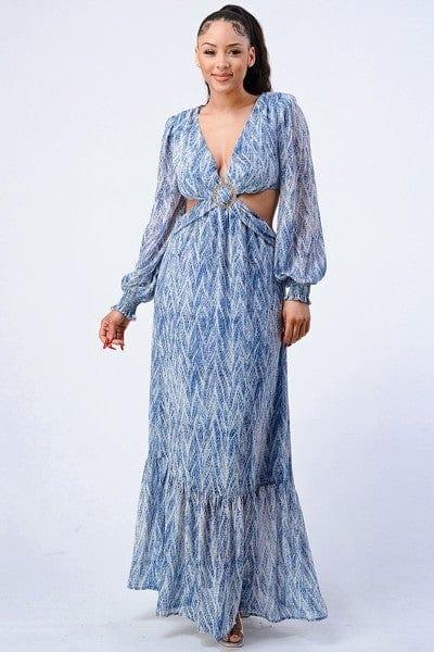 SAVLUXE Default S Blue Printed V Neck Self Belted Side Cut Out Ruffled Maxi Dress
