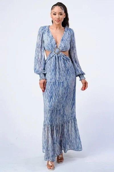 SAVLUXE Default Blue Printed V Neck Self Belted Side Cut Out Ruffled Maxi Dress