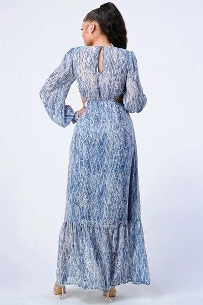 SAVLUXE Default Blue Printed V Neck Self Belted Side Cut Out Ruffled Maxi Dress