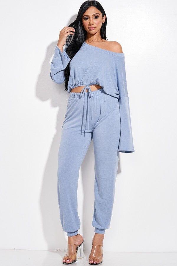 SAVLUXE Default S Blue Terry Long Sleeve Tie Front Slouchy Top And Jogger Pants Two Piece Set