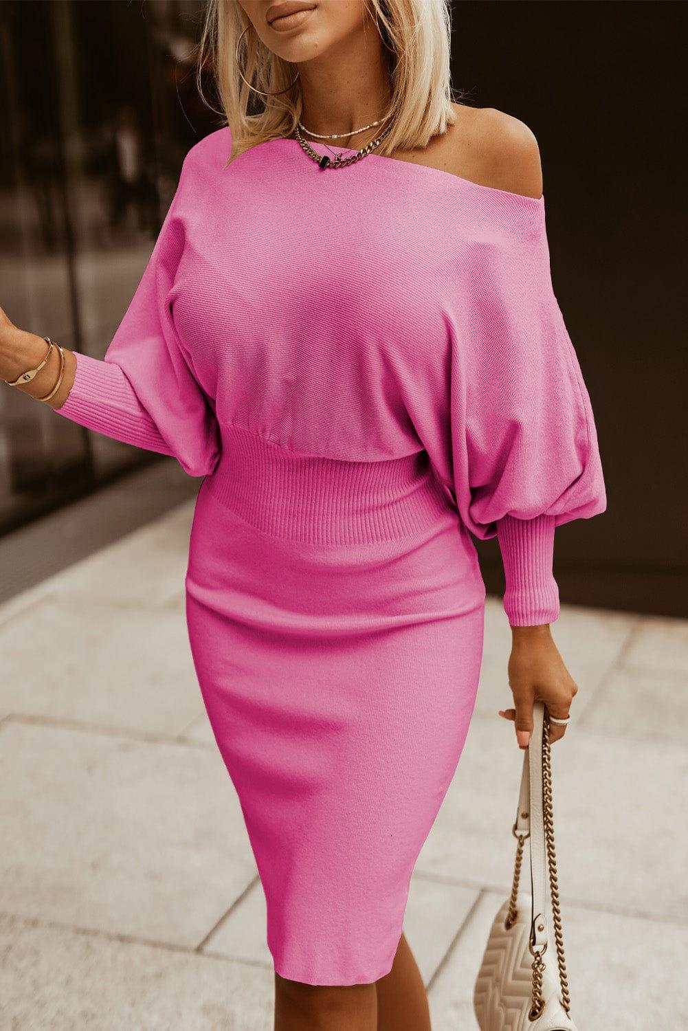Trendsi DRESS Rose Pink / S Boat Neck Lantern Sleeve Sweater Dress