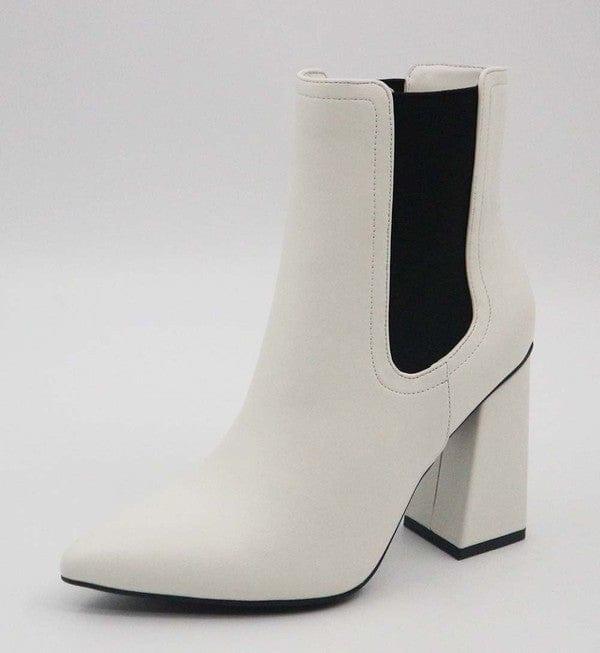 Stella Shoes White / 6 bootie with side elastic pointy toe chuncky heel
