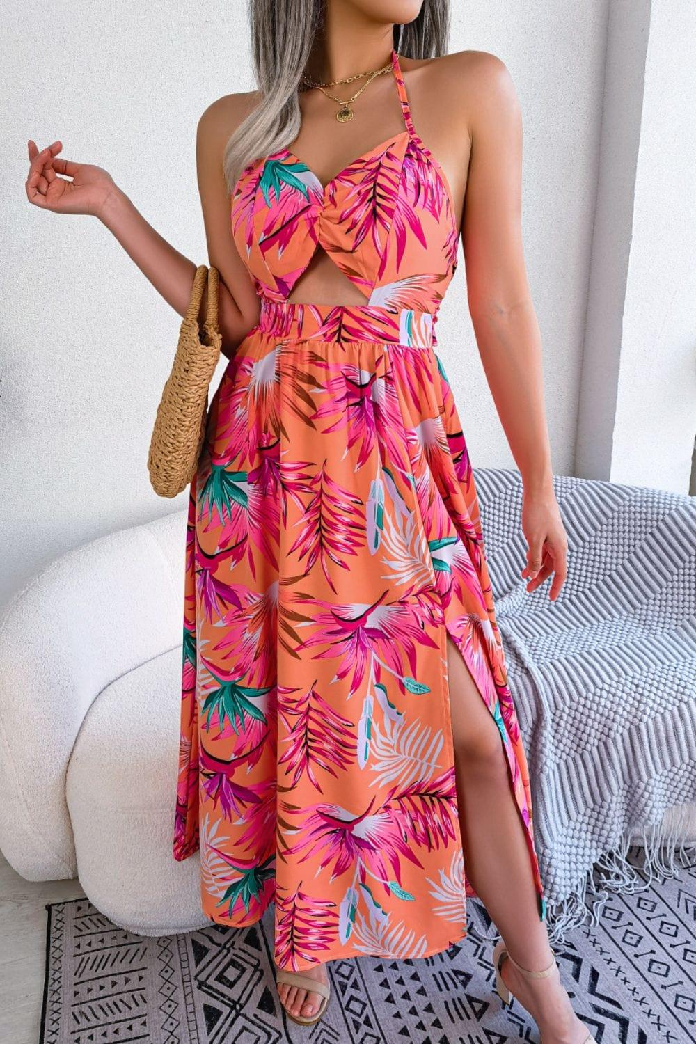 Trendsi Orange / S Botanical Print Tied Backless Cutout Slit Dress