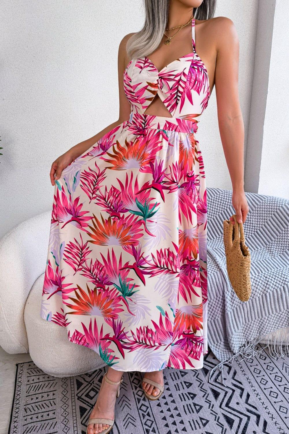 Trendsi Botanical Print Tied Backless Cutout Slit Dress