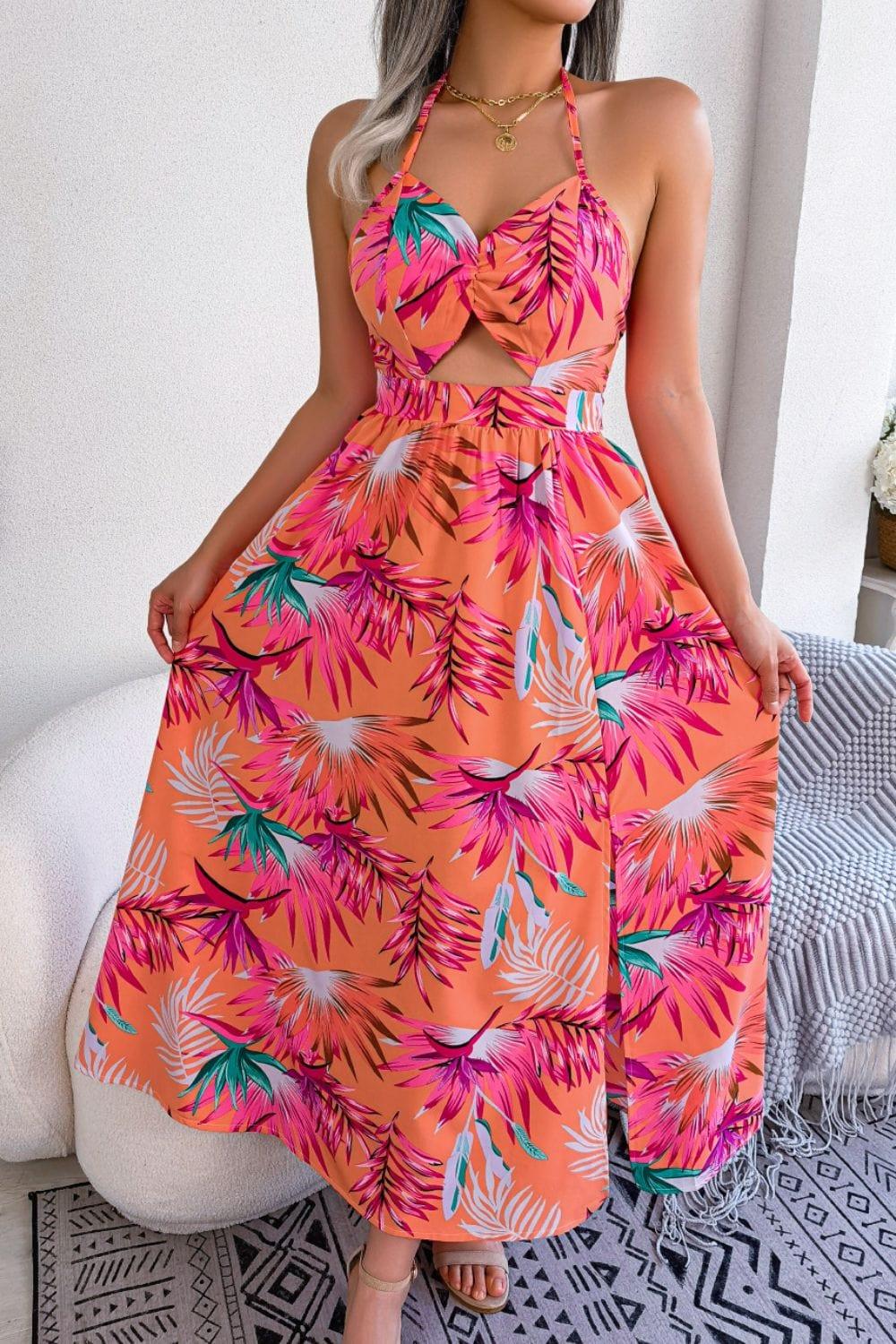 Trendsi Botanical Print Tied Backless Cutout Slit Dress