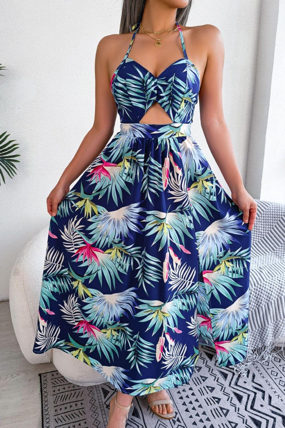 Trendsi Botanical Print Tied Backless Cutout Slit Dress