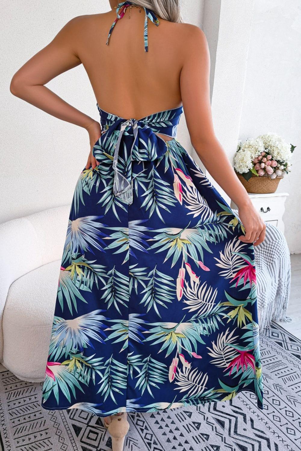 Trendsi Botanical Print Tied Backless Cutout Slit Dress
