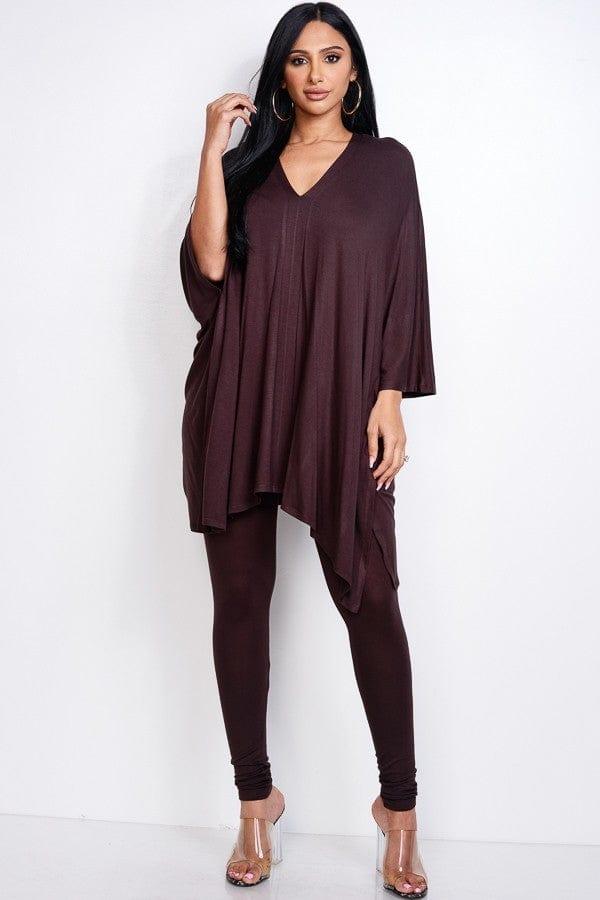 SAVLUXE Default S Brown Solid Heavy Rayon Spandex Cape Top And And Leggings 2 Piece Set
