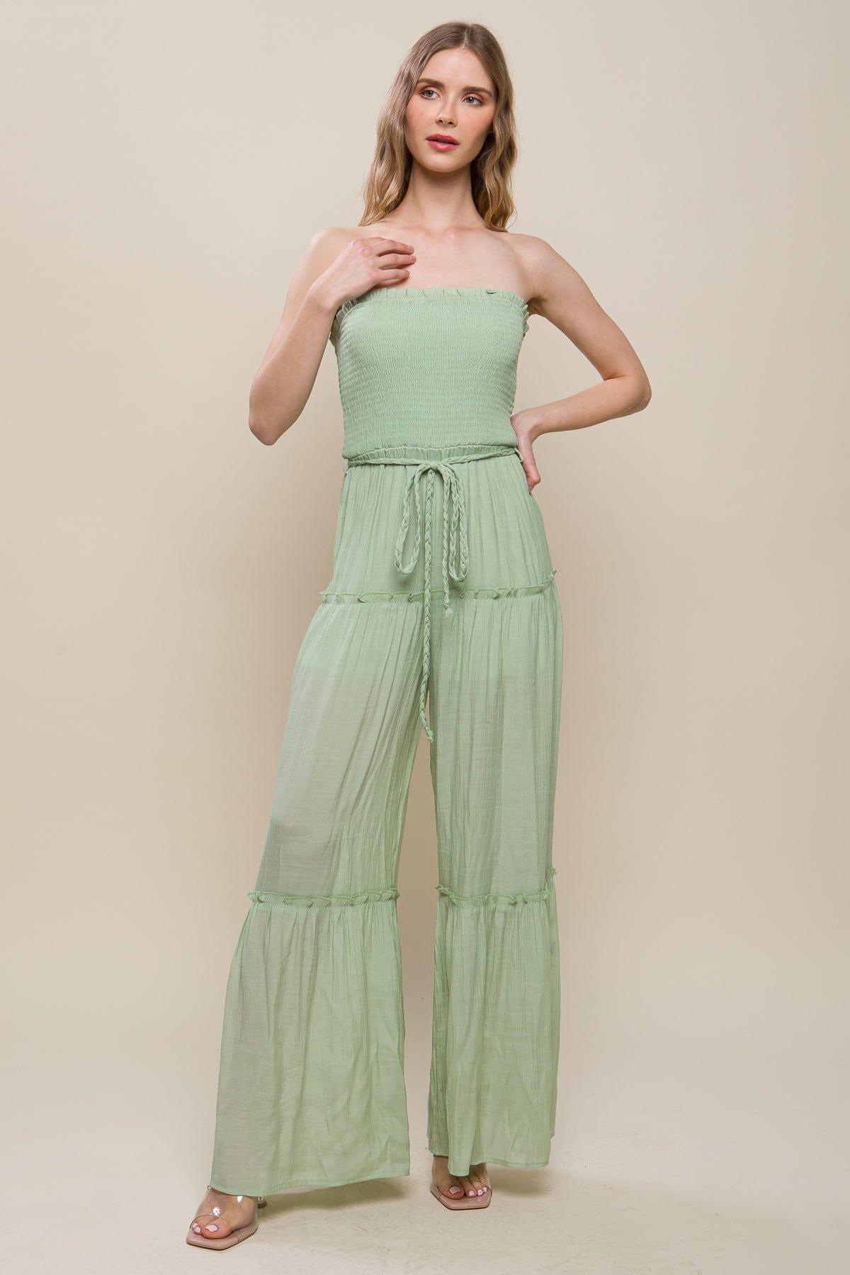 SAVLUXE Jumpsuits & Rompers Celery Woven Solid Sleeveless Smocked Ruffle Jumpsuit