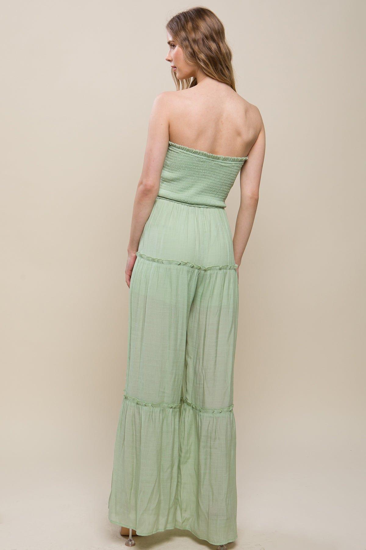 SAVLUXE Jumpsuits & Rompers Celery Woven Solid Sleeveless Smocked Ruffle Jumpsuit