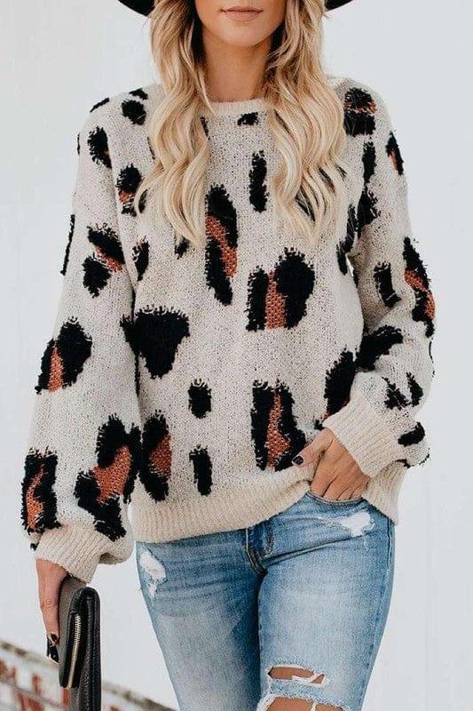 LUV Fashion Shoes LEOPARD / S Cheetah Round Neck Knit Sweater