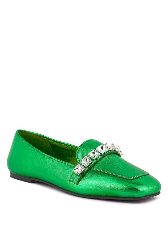 Rag Company shoes Green / 5 Churros Metallic Diamante Leather Loafers For Women
