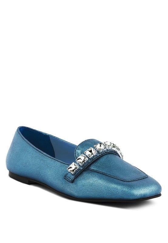 Rag Company shoes Blue / 5 Churros Metallic Diamante Leather Loafers For Women