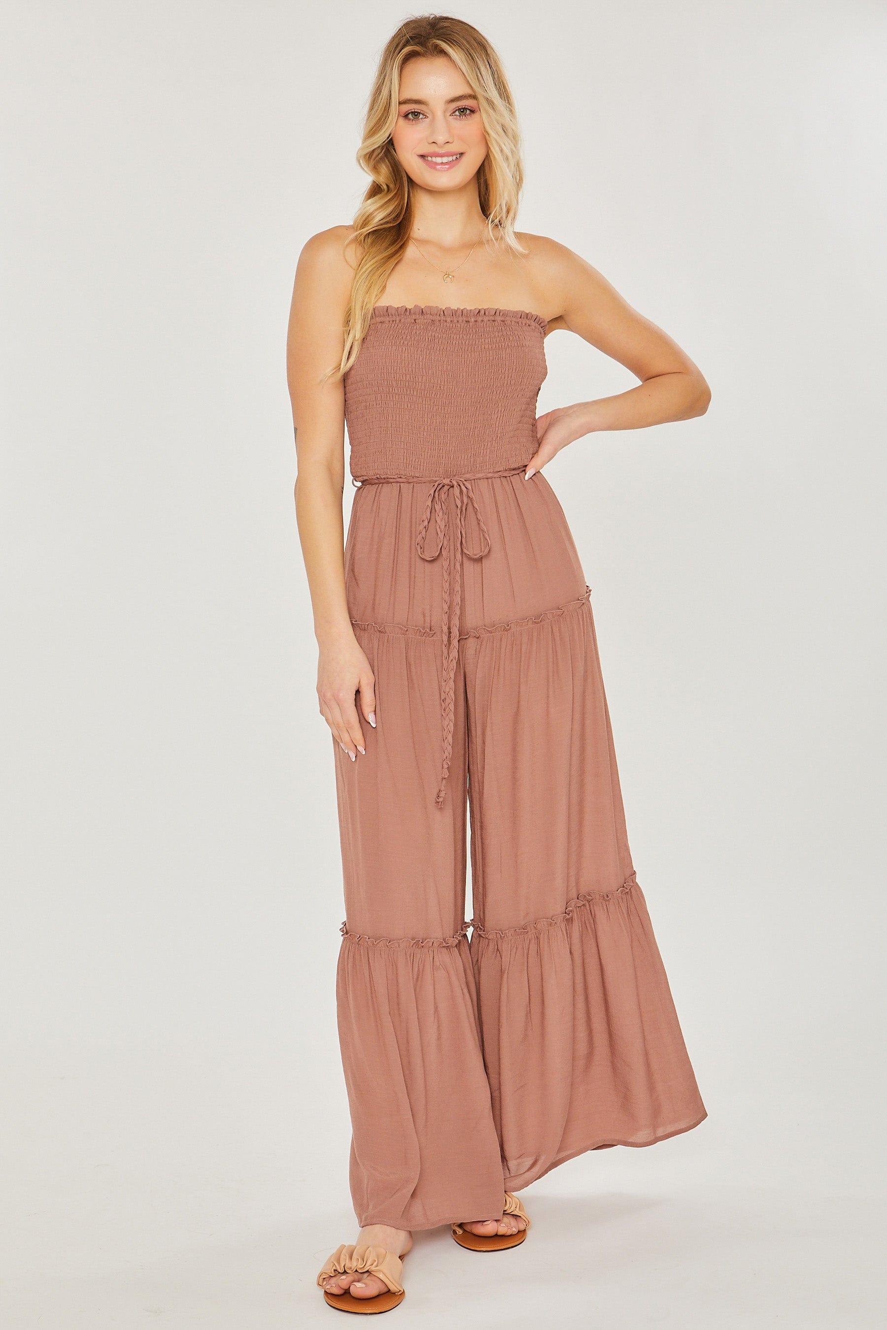 SAVLUXE Jumpsuits & Rompers S Clay Woven Solid Sleeveless Smocked Ruffle Jumpsuit