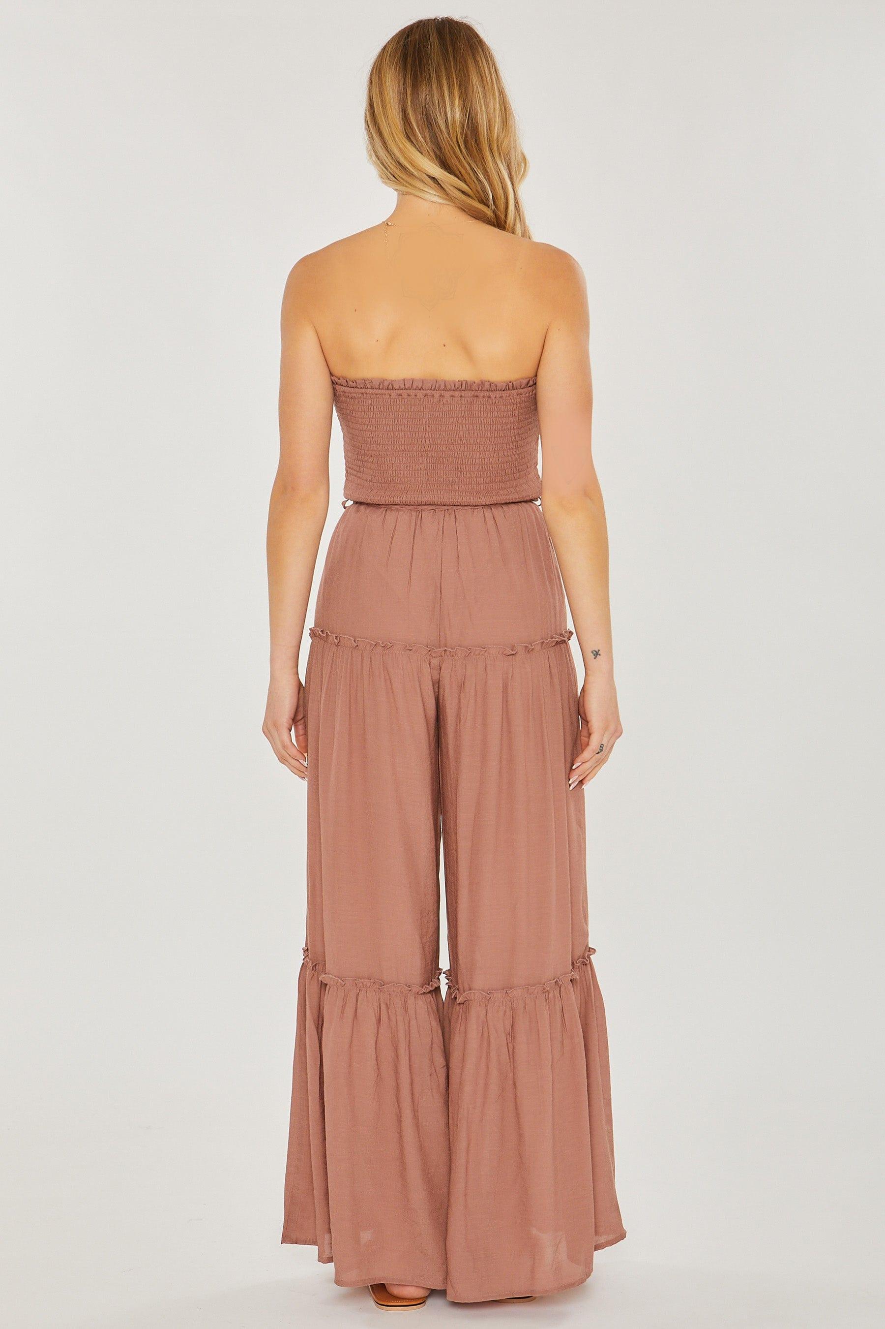 SAVLUXE Jumpsuits & Rompers Clay Woven Solid Sleeveless Smocked Ruffle Jumpsuit