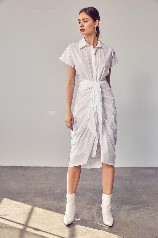 Do + Be Collection Dresses WHITE / S COLLAR BUTTON FRONT TIE DRESS FOR WOMEN