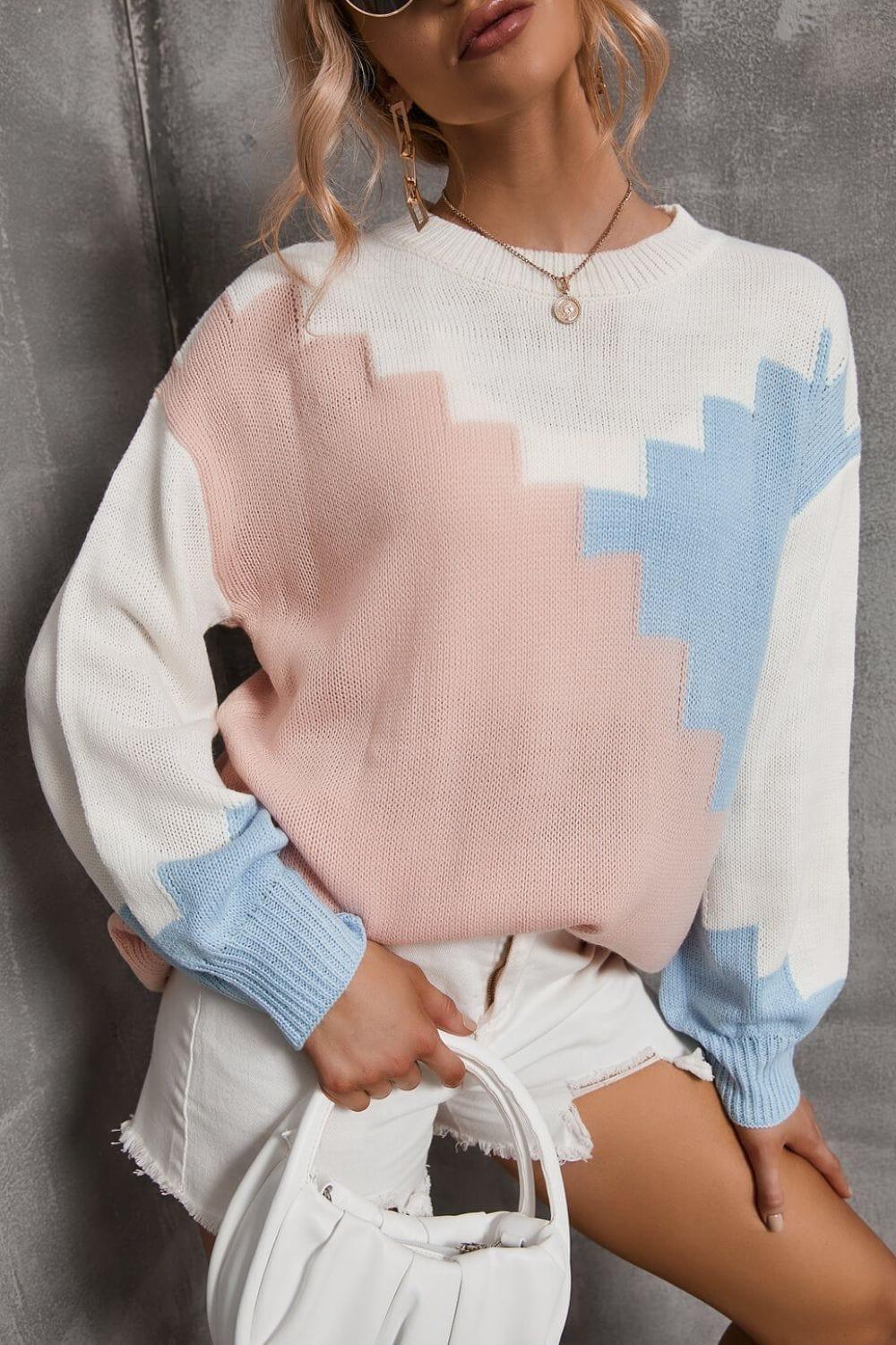 SAVLUXE Sweater Pink/Sky Blue / S Color Block Dropped Shoulder Sweater