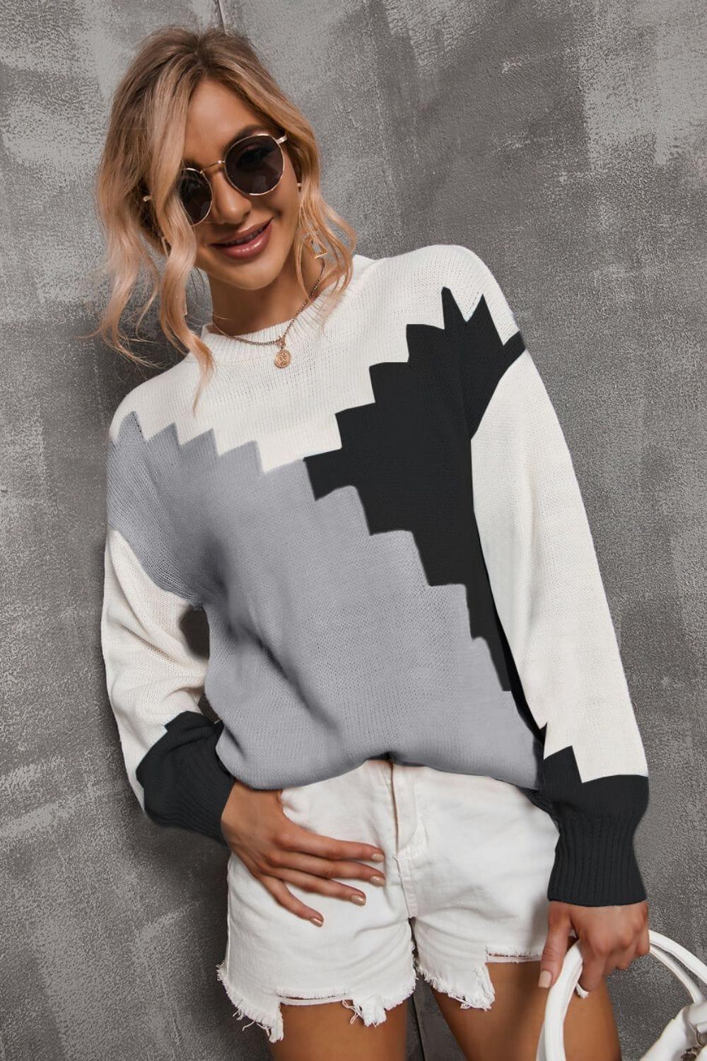 SAVLUXE Sweater Color Block Dropped Shoulder Sweater
