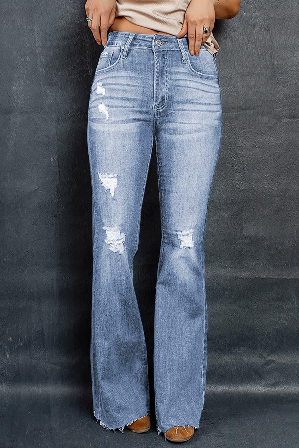 White Label BOTTOMS Light / 4 Distressed Raw Hem Flare Jeans