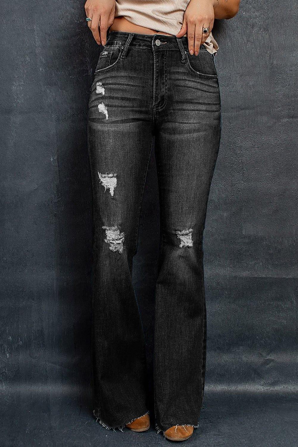 White Label BOTTOMS Dark / 4 Distressed Raw Hem Flare Jeans