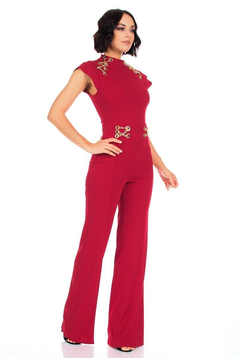 SAVLUXE Eyelet With Chain Deatiled Fashion Jumpsuit