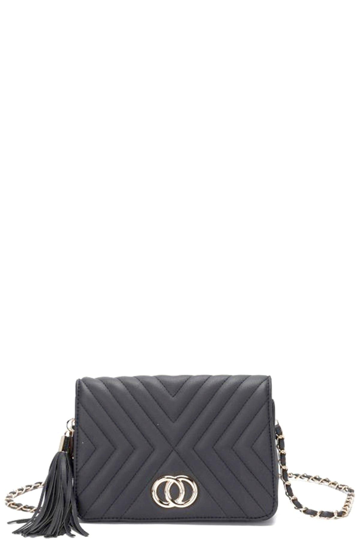 SAVLUXE Bags | Handbags Black Fashion Double Metal Pattern Stitching Tassel Crossbody Bag