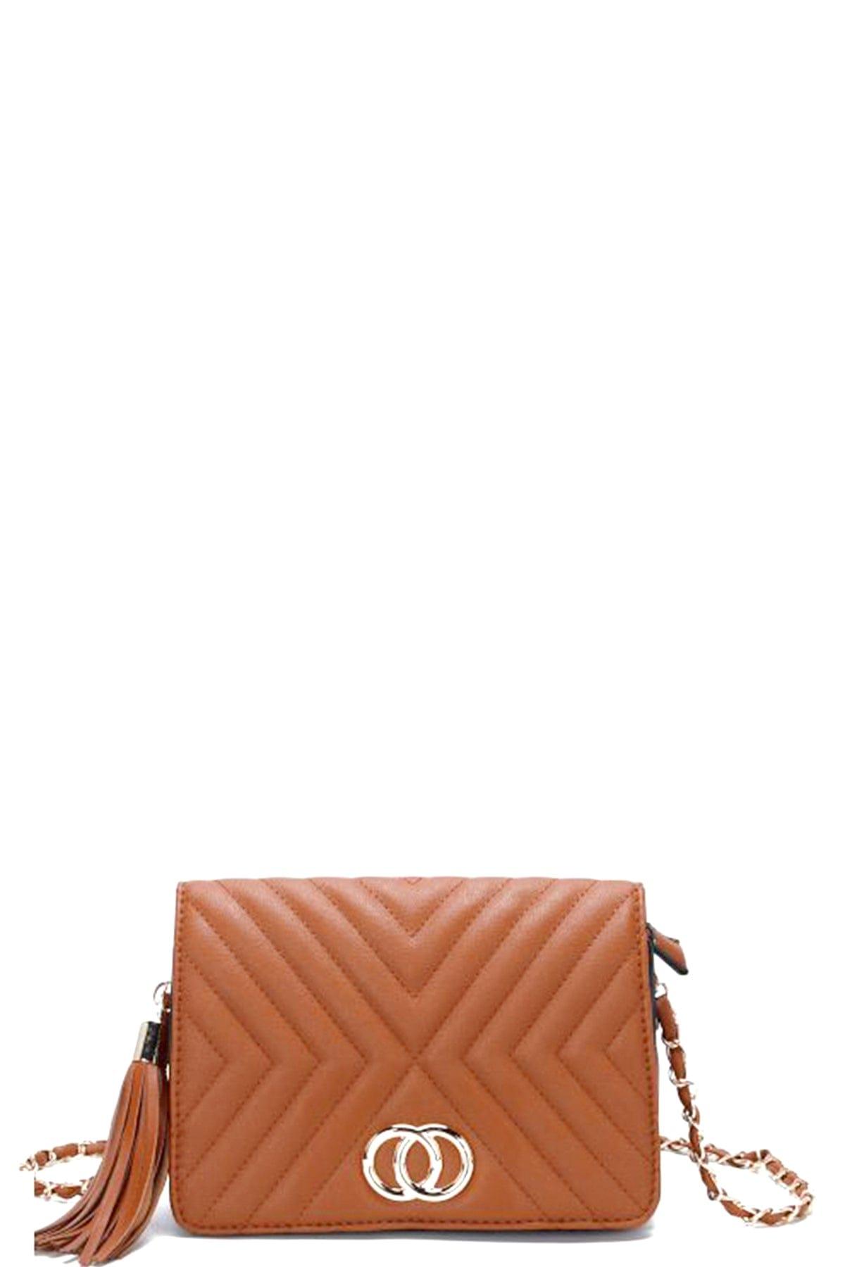 SAVLUXE Bags | Handbags Cognac Fashion Double Metal Pattern Stitching Tassel Crossbody Bag