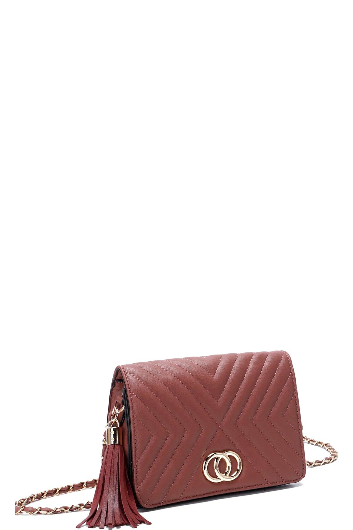 SAVLUXE Bags | Handbags Mauve Fashion Double Metal Pattern Stitching Tassel Crossbody Bag