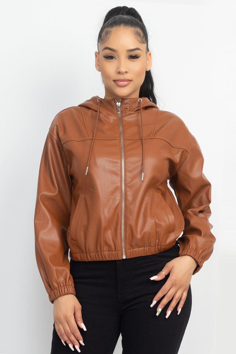 SAVLUXE COATS&JACKETS Faux Leather Hoodie Jacket