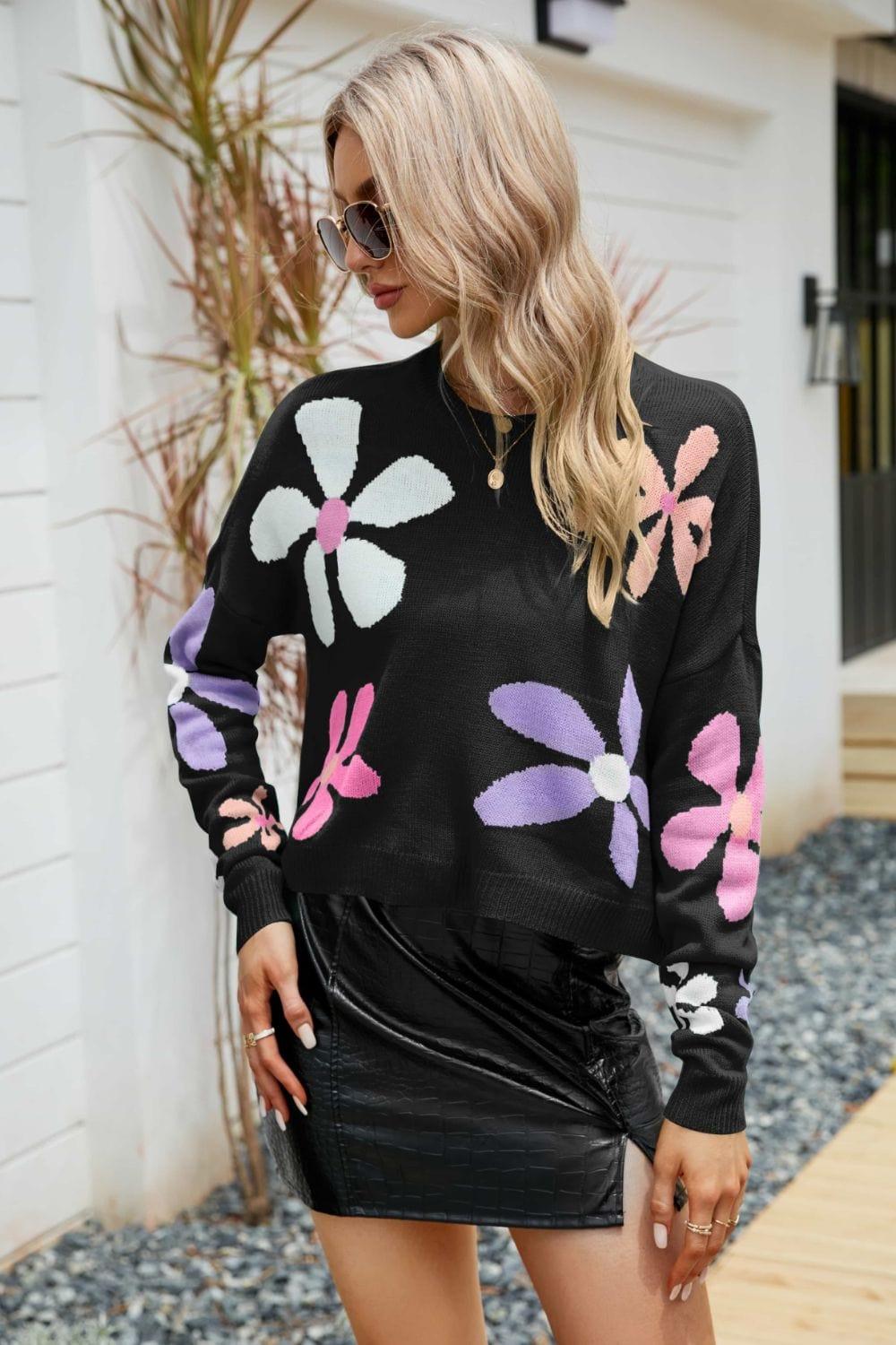 Trendsi Black / S Floral Dropped Shoulder Ribbed Trim Sweater