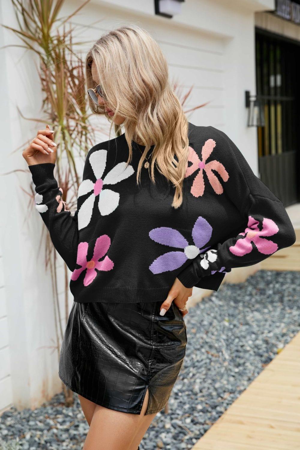 Trendsi Floral Dropped Shoulder Ribbed Trim Sweater
