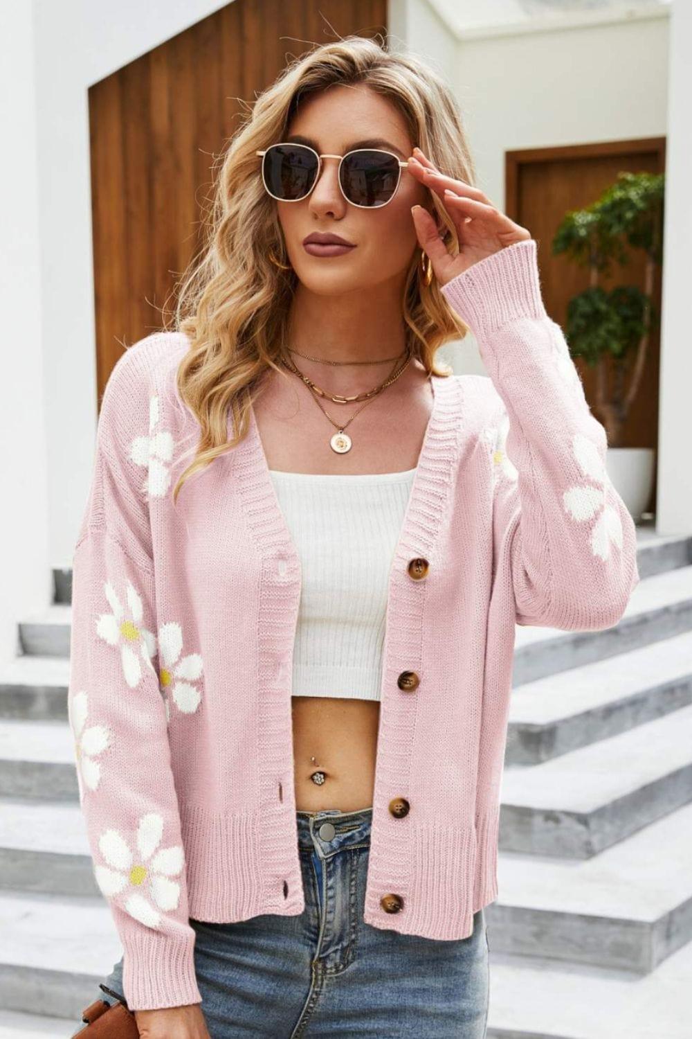 Trendsi Pink / S Floral Ribbed Trim Drop Shoulder Cardigan