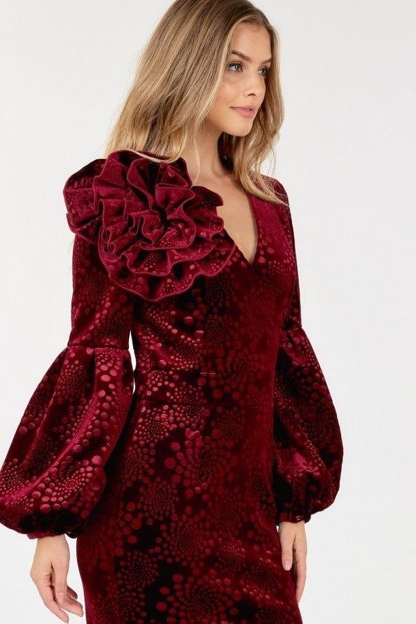 SAVLUXE Flower Patch Flocked Velvet Fitted Midi Dress With Puff Sleeves