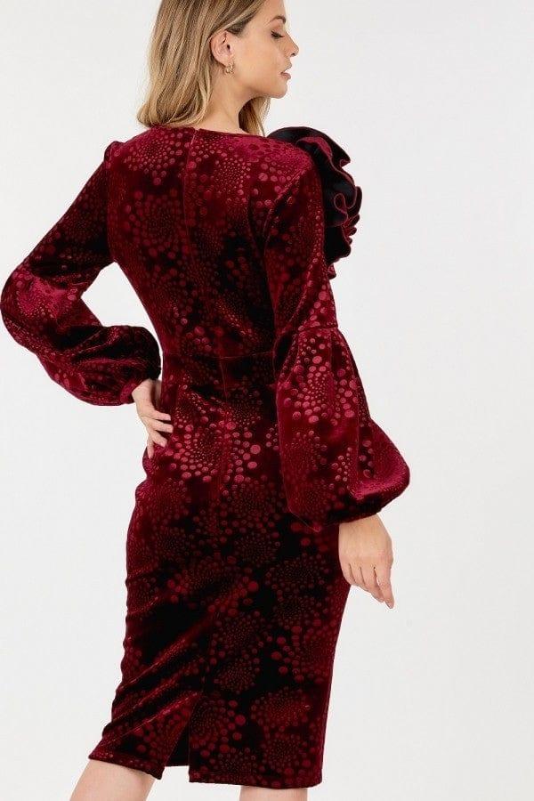 SAVLUXE Flower Patch Flocked Velvet Fitted Midi Dress With Puff Sleeves