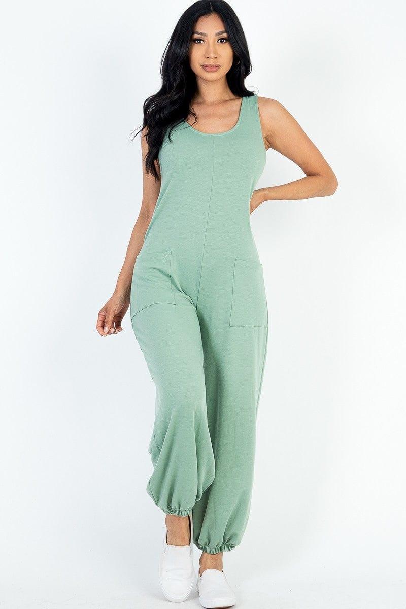 SAVLUXE Default S Green bay Casual Solid French Terry Front Pocket Jumpsuit