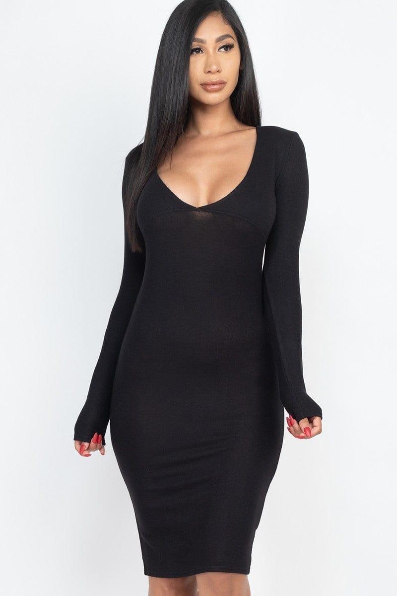 SAVLUXE Dresses S Hacci Brushed Knit V Neck Bodycon Dress