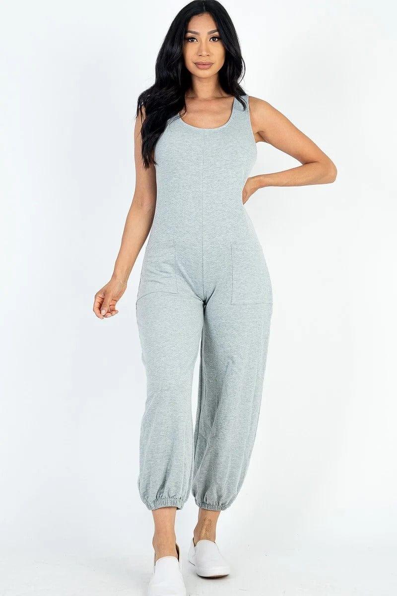 SAVLUXE Default S Heather grey Solid French Terry Front Pocket Jumpsuit