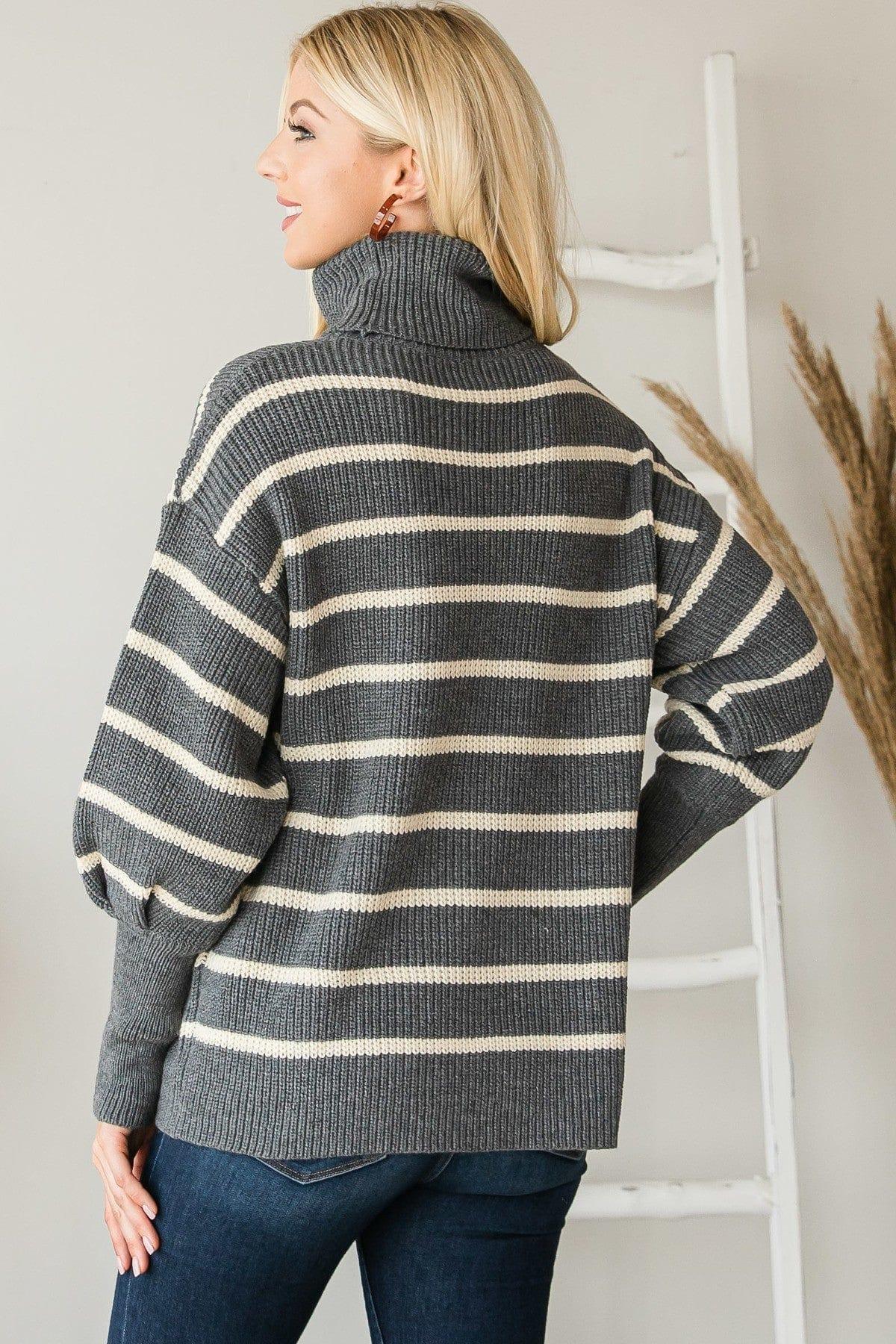 SAVLUXE Default Heavy Knit Striped Turtle Sweater