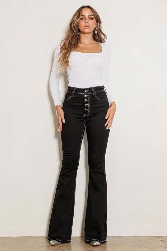 SAVLUXE BOTTOMS Black / 1 HIGH RISE FLARE JEANS