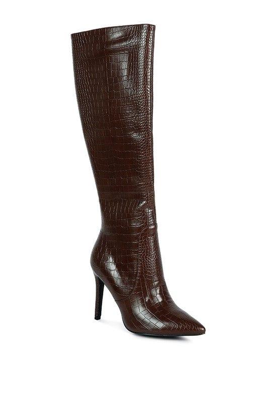 Rag Company Dark Brown / 5 Indulgent High Heeled Croc Calf Boots