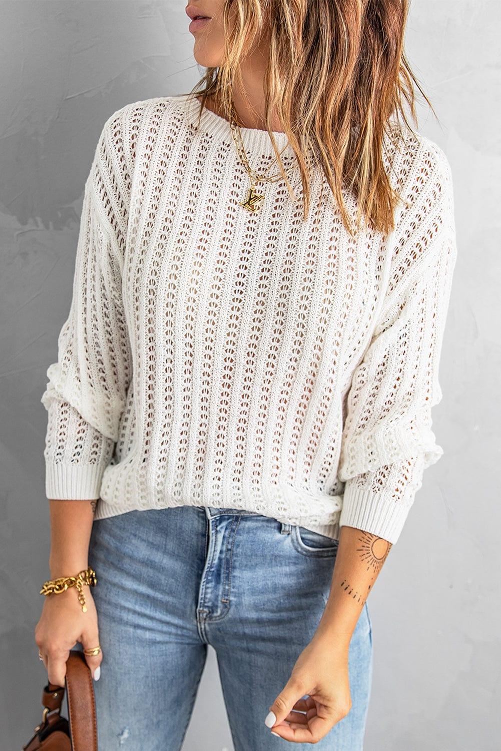 SAVLUXE Shirts & Tops White / S Lady's Dropped Shoulder Openwork Sweater